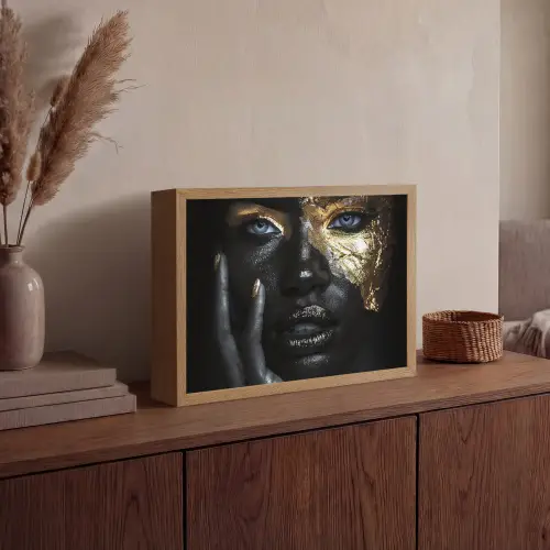 Vrouw - Goud - Portret - Modern - Zwart - Abstract Light Box met batterij (Wandlamp) middel -sfeer2
