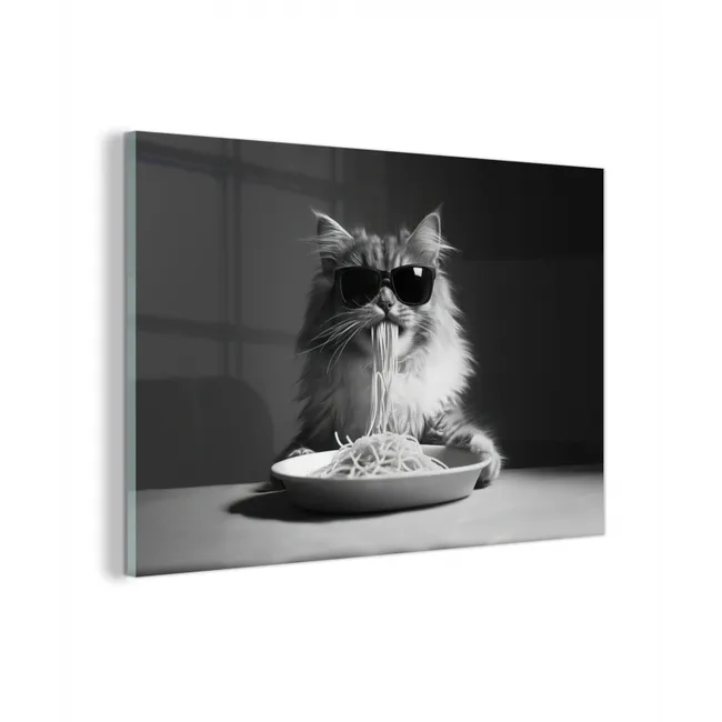 Glas schilderij - Langharige kat - Zonnebril - Spaghetti - Humor - Zwart - wit