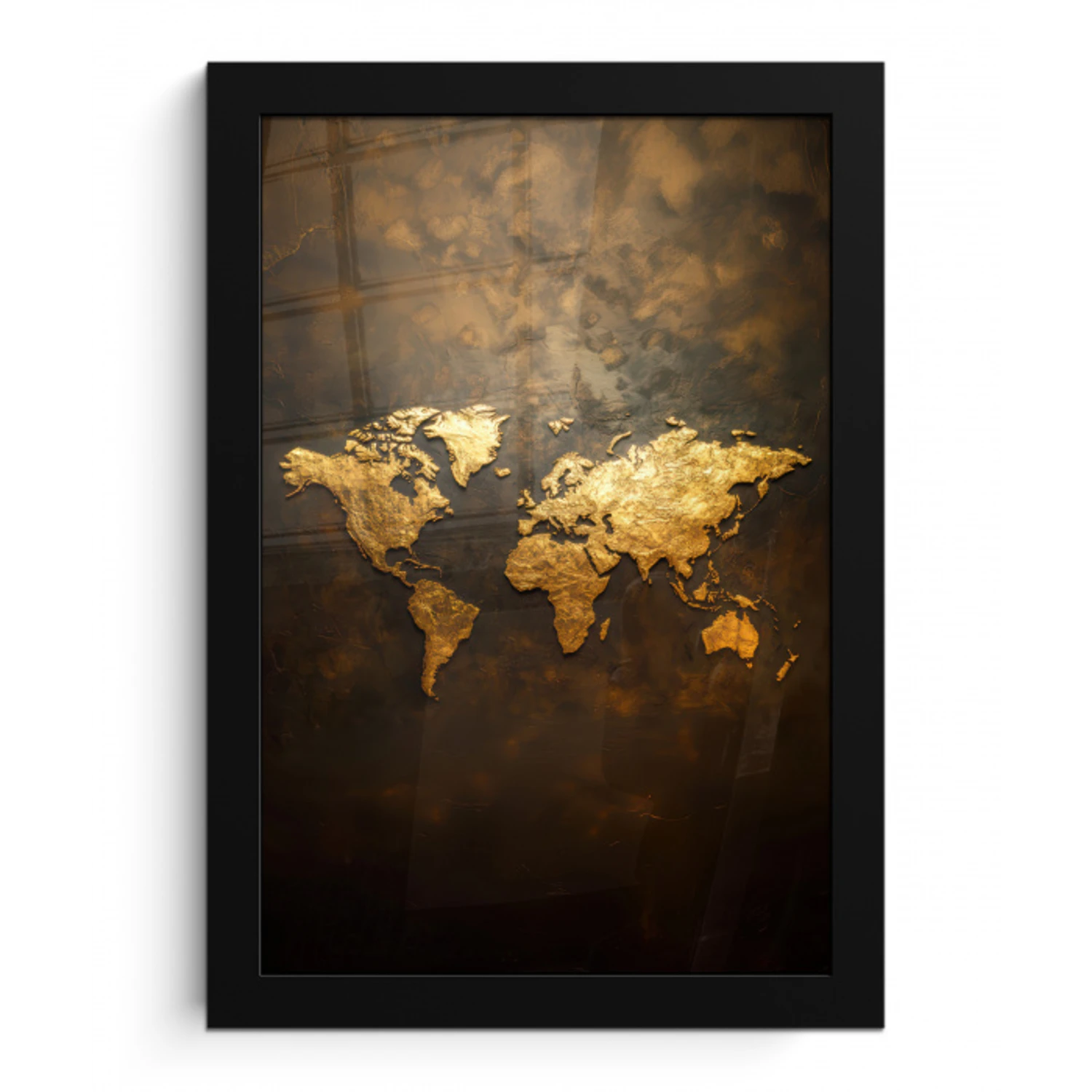 Wereldkaart - Goud - Roest fotolijst zwart zonder passe partout klein -3d