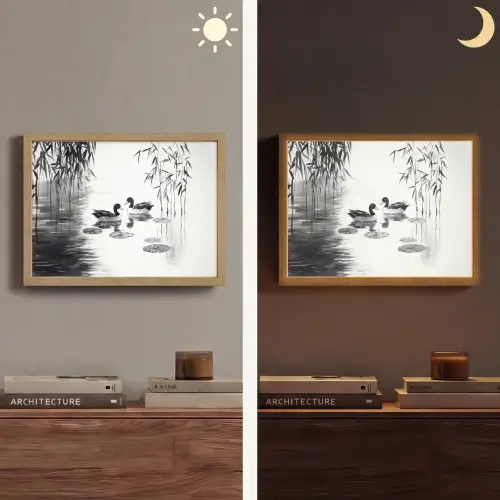 Eenden - Waterlelies - Riet - Zwart Light Box met batterij (Wandlamp) middel -sfeer3
