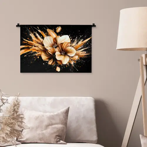 Bloemen - Goud - Graffiti - Zwart - Abstract Wandkleed katoen klein -sfeer4