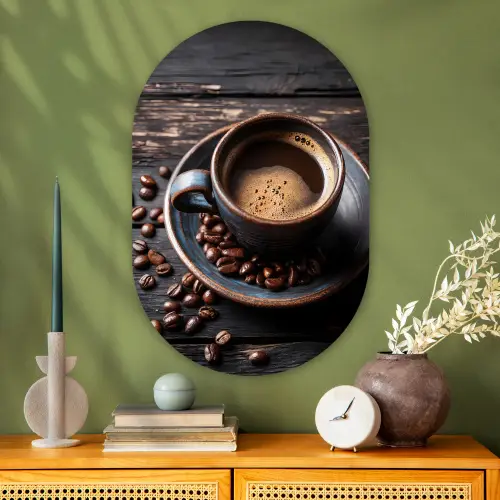 Kop - Koffie - Hout - Bonen Wandcirkel Ovaal Glas middel -sfeer2