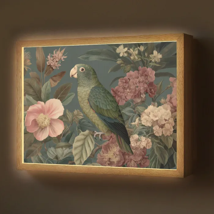 Groene papegaai - Kleurrijke bloemen - Donkere achtergrond Light Box met batterij (Wandlamp) middel -z3d_website