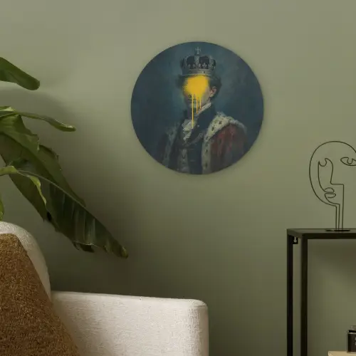 Koning - Portret - Druipende gele verf Akoestische PET Vilt - Rond klein -sfeer2