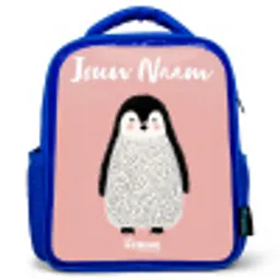 Pinguïn - Stippen - Roze - Minimalistisch Kinderrugzak - Blauw middel -3d