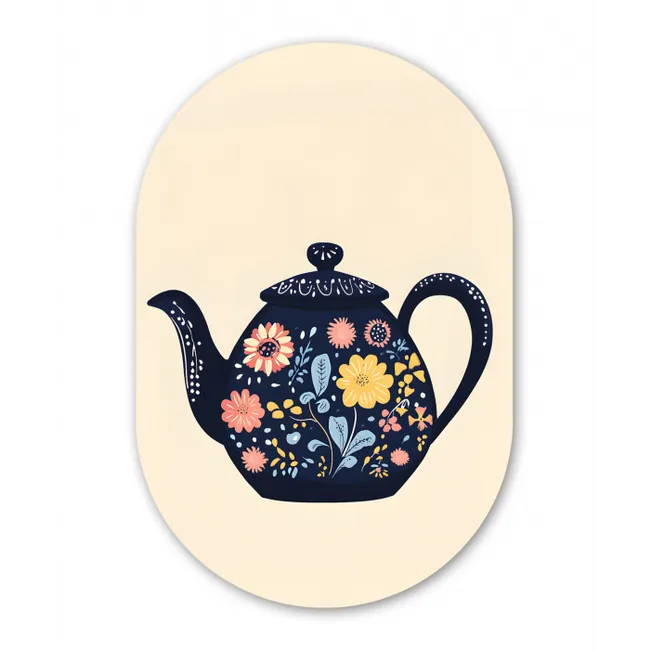 Theepot - Kleurrijk - Bloemen Wandcirkel Ovaal Glas middel -3d