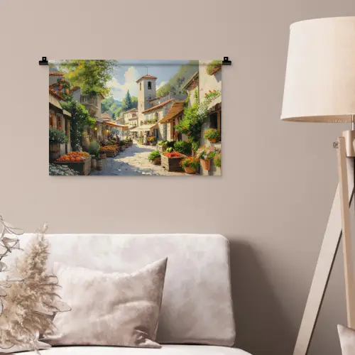 Dorp - Zon - Kraampjes - Huizen Wandkleed katoen klein -sfeer4