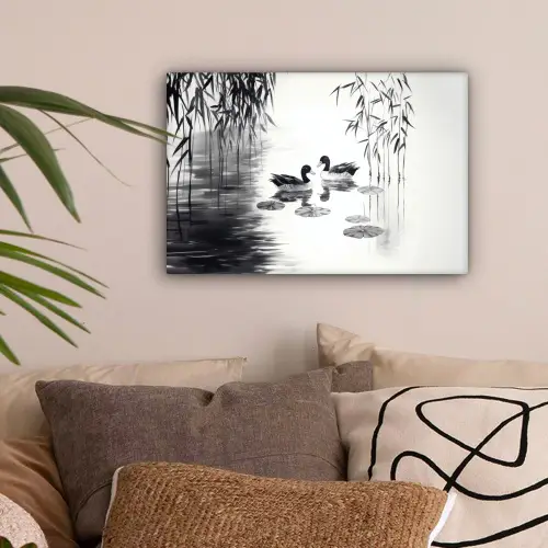 Eenden - Waterlelies - Riet - Zwart canvas 2cm klein -sfeer1