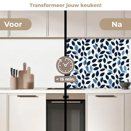 Grafisch - Bladmotief - Diepblauw keuken achterwand 2 middel 871 -voor-na2_NL