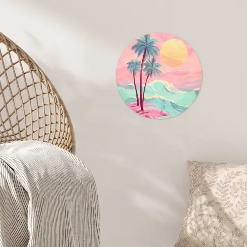Palmbomen - Golven - Zee Wandcirkel behangsticker klein -sfeer4