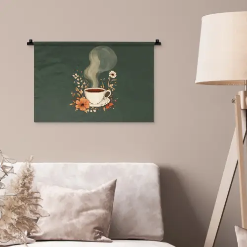Kop - Bloemen - Groen - Koffie Wandkleed katoen klein -sfeer4