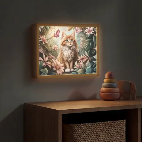 Kat - Bloemen - Vlinders - Roze Light Box met batterij (Wandlamp kind) middel -sfeer5_kind