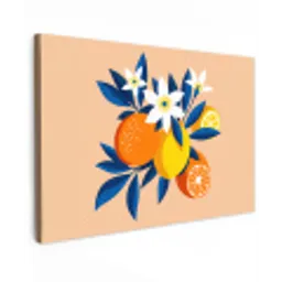 Illustratie - Sinaasappels - Donkerblauw - Bloemen Tuinposter op houten frame 2 cm dik klein -3d