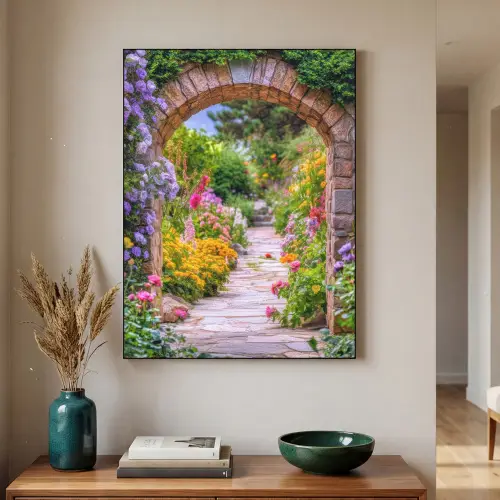 Doorkijk - Bloemen - Pad - Natuur Textielframe zwart klein -sfeer1