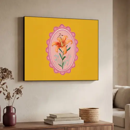 Lelie - Oranje - Lijst - Ovaal Textielframe zwart klein -sfeer3