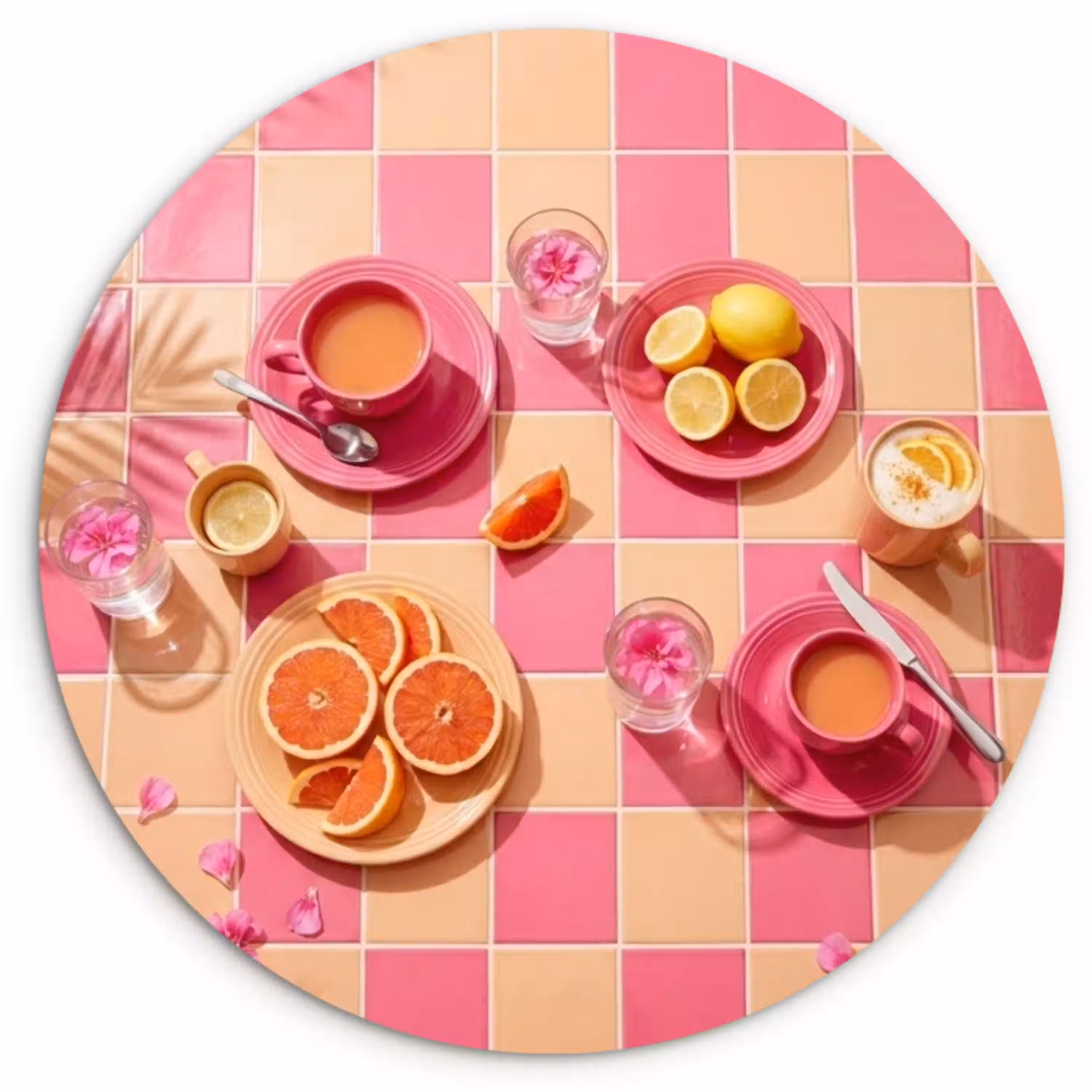 Eten - Citrusvruchten - Stillevens - Roze - Oranje Wandcirkel kunststof plaat 5mm dik klein -3d