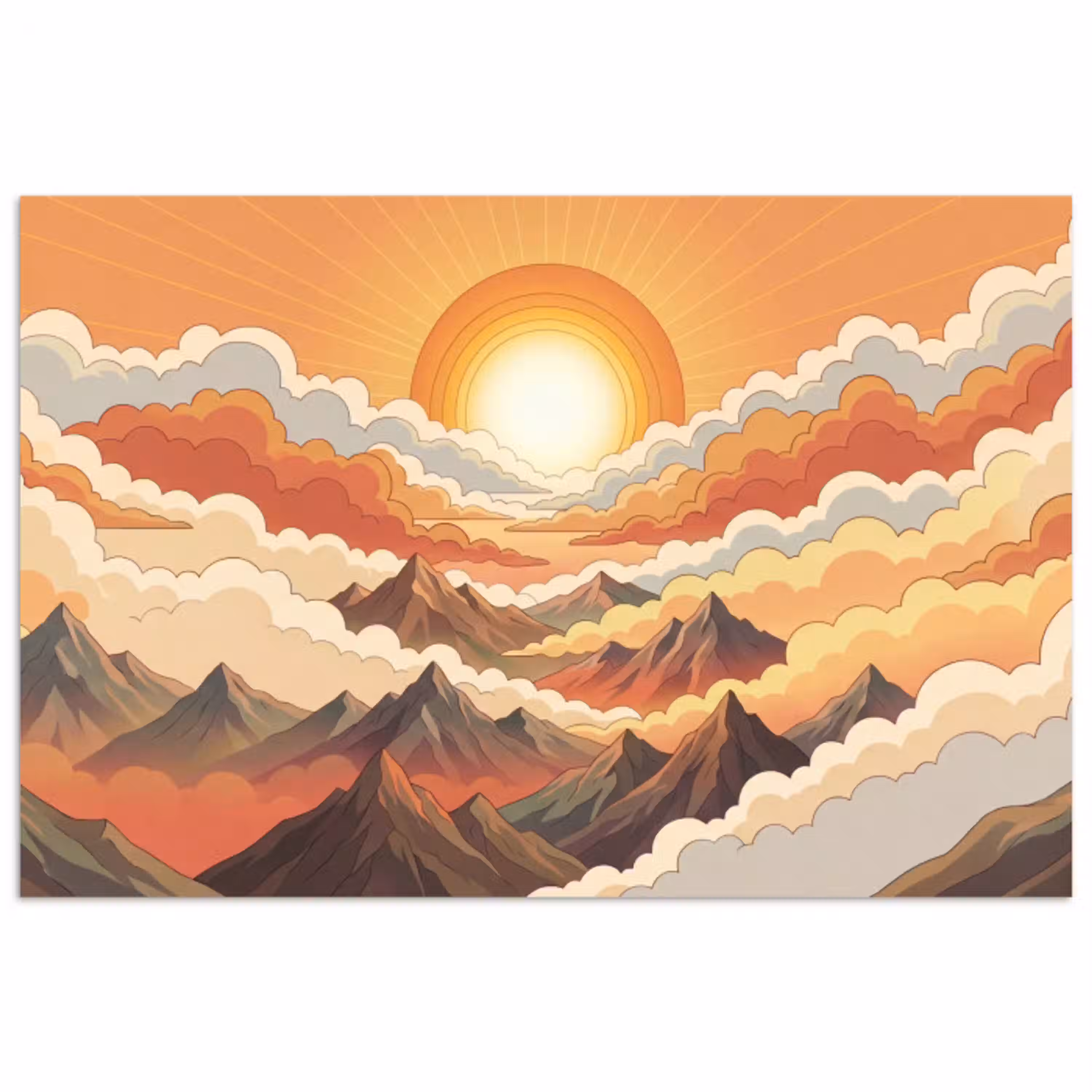 Bergen - Wolken - Natuur - Zonsopgang - Oranje poster papier klein -3d