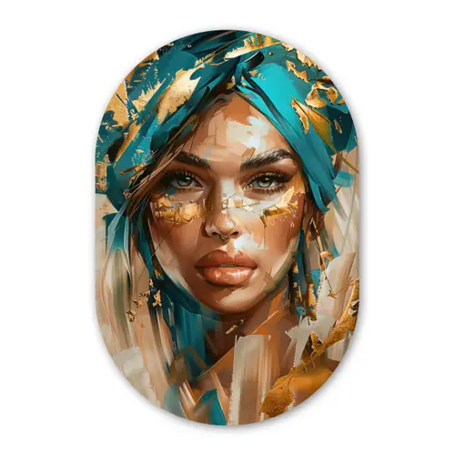 Vrouw - Portret - Goud - Luxe - Blauw Wandcirkel Ovaal Forex klein -3d