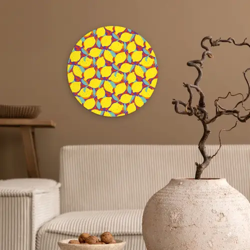 Citroenen - Geel - Stippen - Oranje Wandcirkel kunststof plaat 5mm dik klein 188 -sfeer1