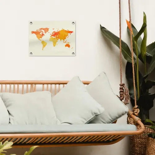 Wereldkaart - Oranje - Kleurrijk tuinposter los doek klein -sfeer7
