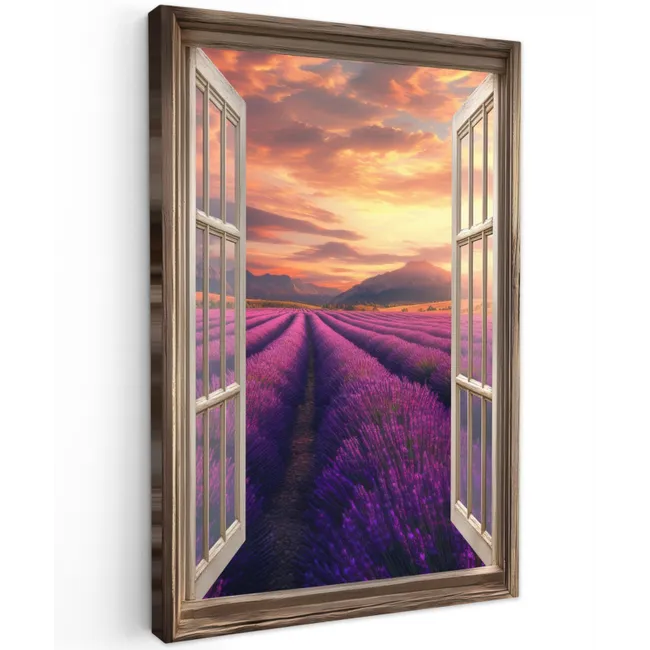 Doorkijk - Lavendel - Landschap - Bloemen - Paars Tuinposter op houten frame 2 cm dik klein -3d