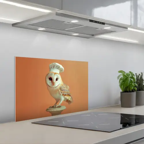 Kerkuil - Koksmuts - Oranje - Vogel keuken achterwand spatscherm klein -3d_schuin
