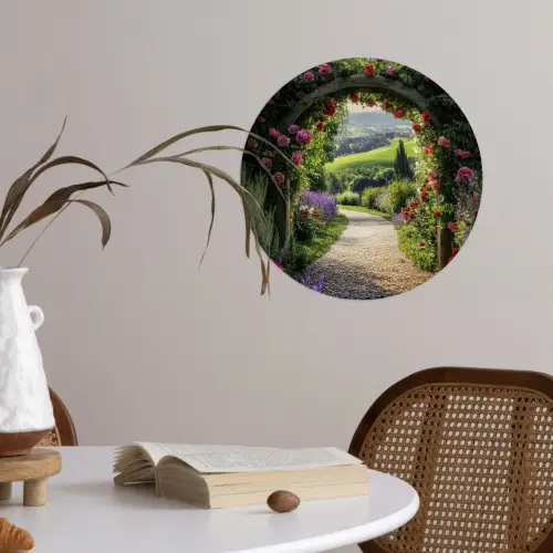 Doorkijk - Tuinboog - Bloemen - Natuur - Pad Wandcirkel behangsticker klein -sfeer3