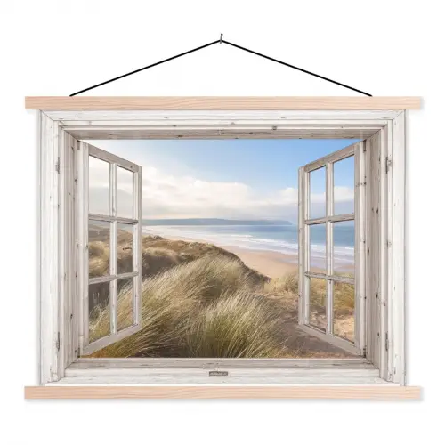 Doorkijk - Zee - Strand - Duinen textielposter latten blank klein -3d