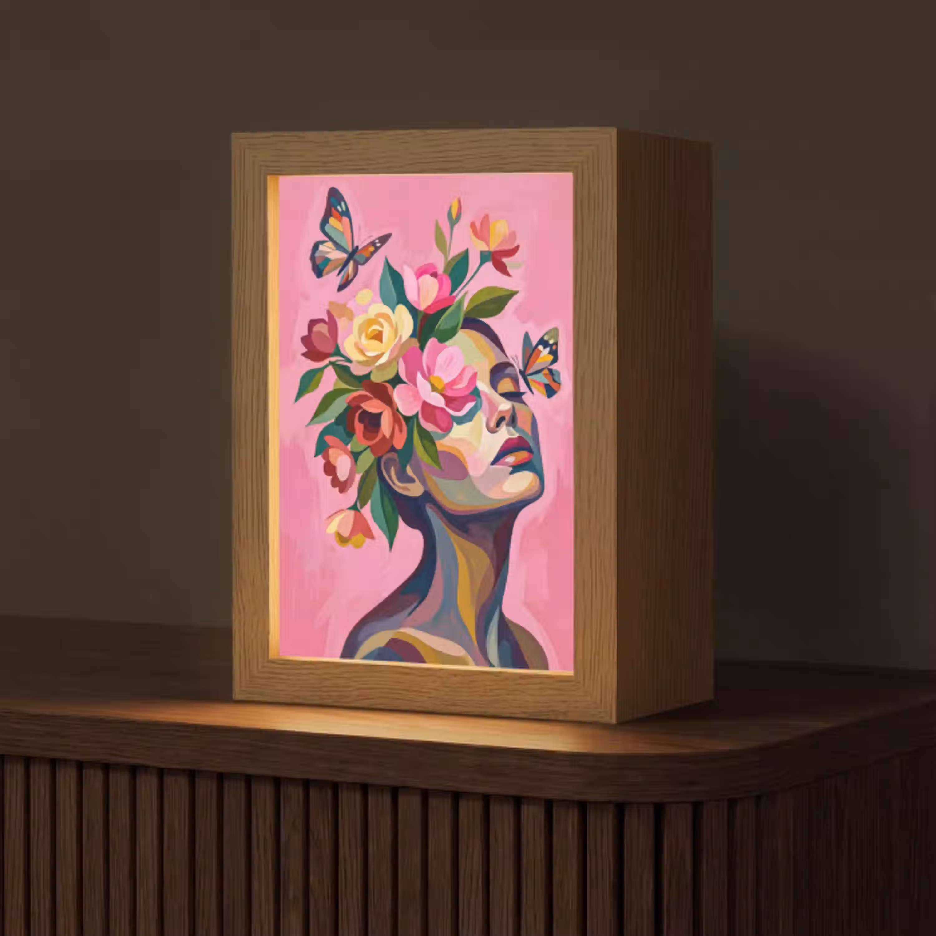Vrouwengezicht - Vlinders - Kleurrijk Light Box met kabel (Tafellamp) klein -z3d_website