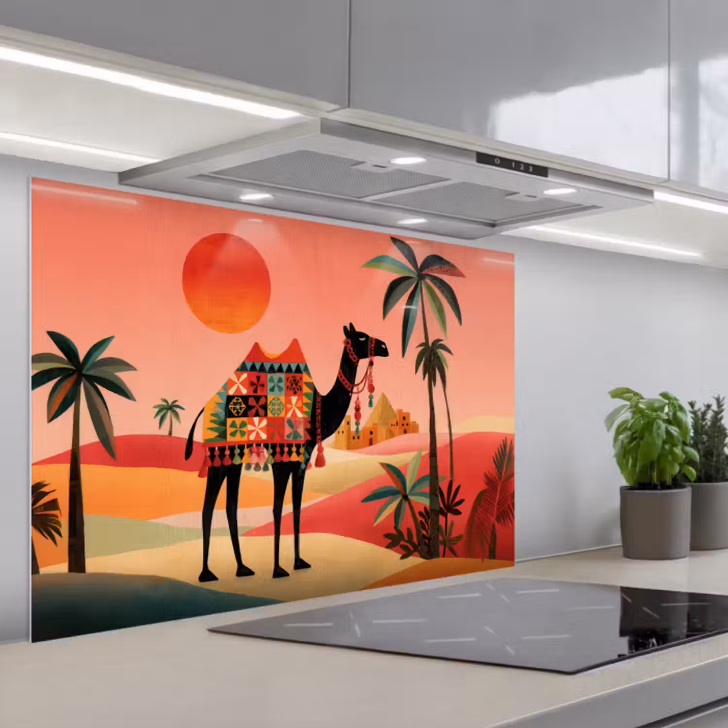 Spatscherm keuken - Kameel - Gekleurd tapijt - Duinen - Rode zon