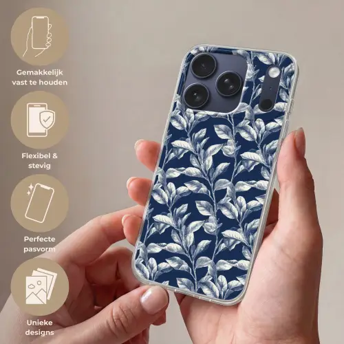 Botanisch - Patroon - Blauw Telefoonhoesje iPhone 17 Pro klein 878 -sfeer3_NL