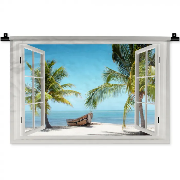 Doorkijk - Strand - Palmboom - Boot - Tropisch - Zee - Blauw Wandkleed katoen klein -zz3d