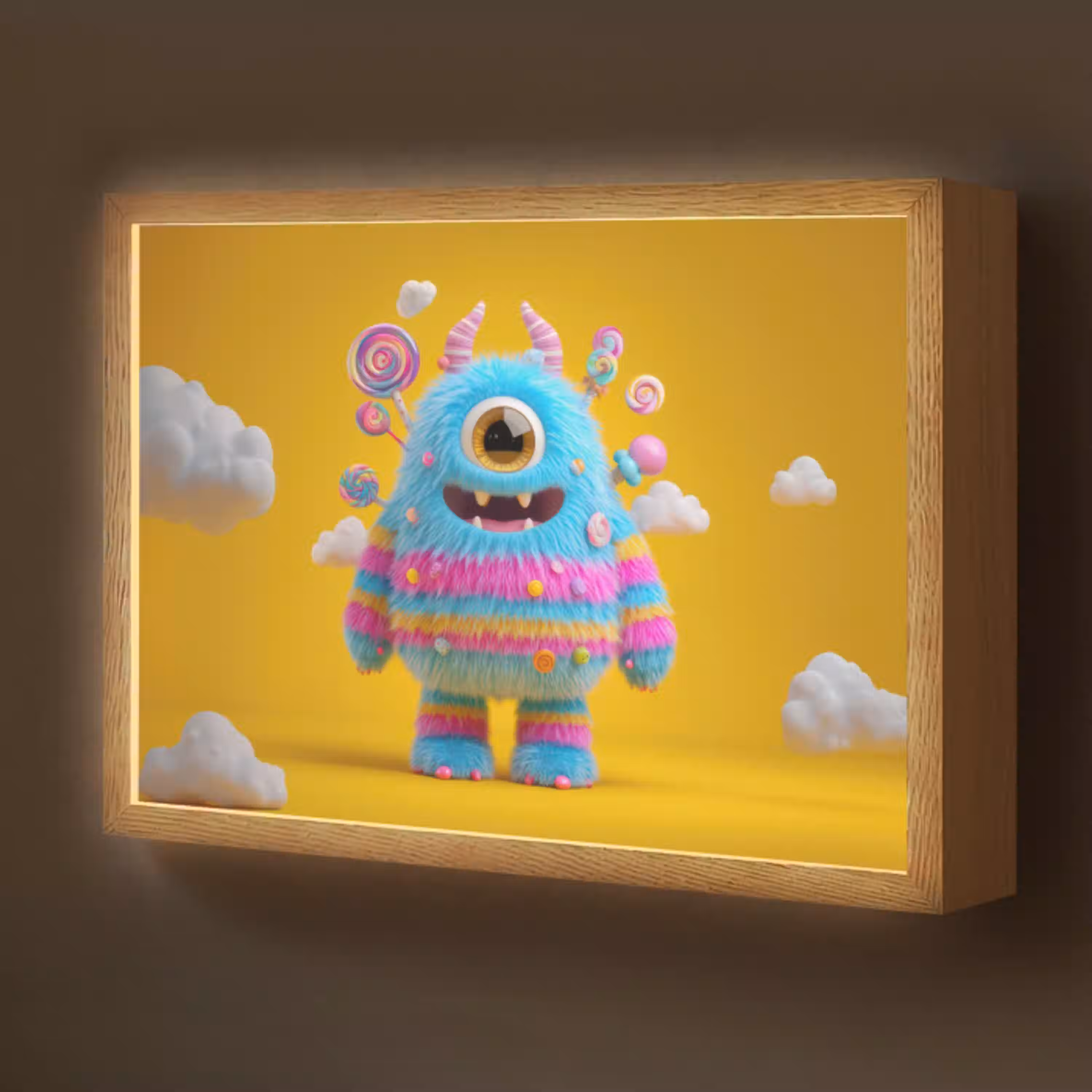 Monster - Snoep - Geel - Kleurrijk Light Box met batterij (Wandlamp kind) middel -z3d_website