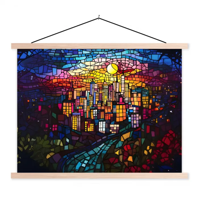 Stad - Maan - Mozaïek - Kleurrijk textielposter latten blank klein -3d