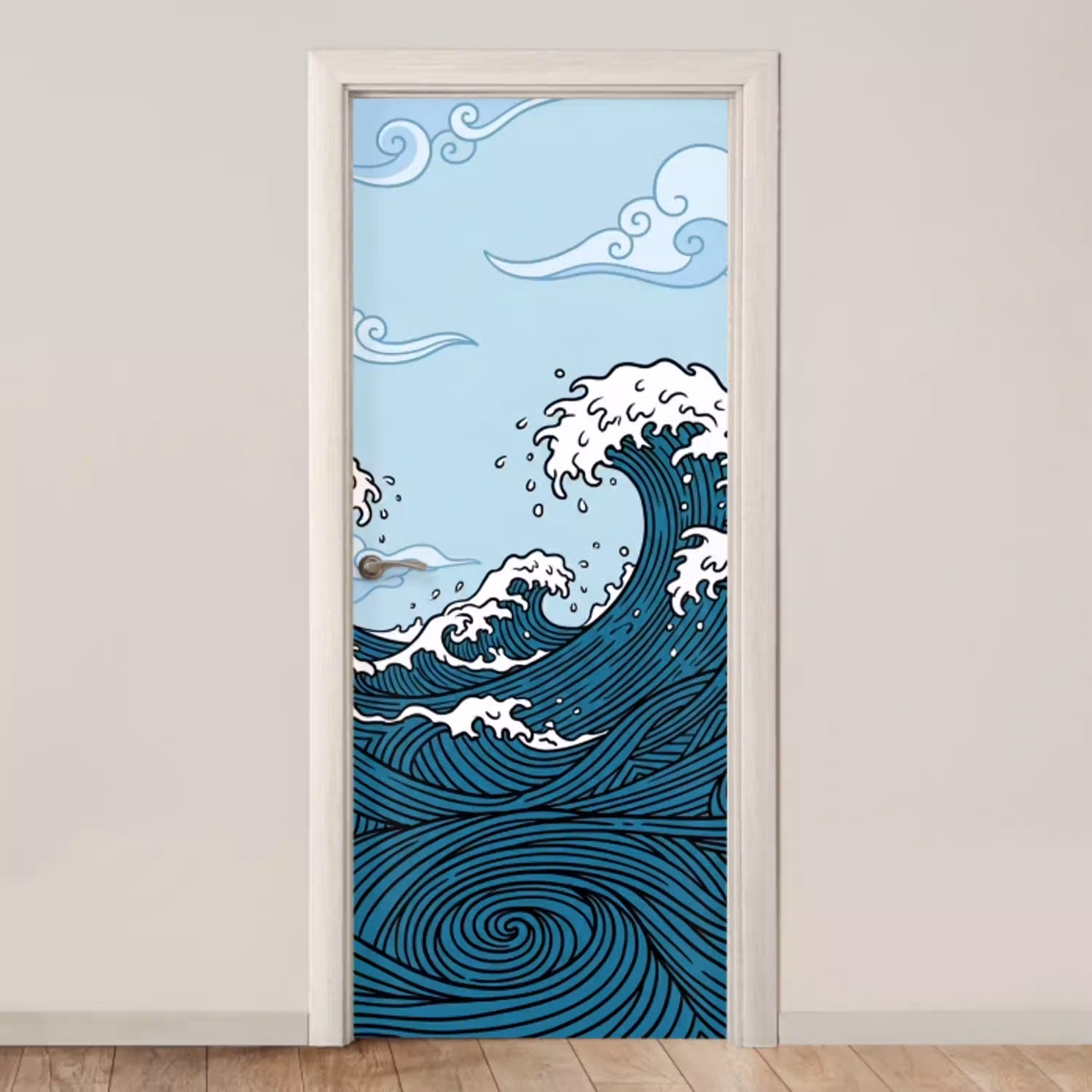 Zee - Golven - Japans - Natuur - Blauw deurposter klein -3d_beige