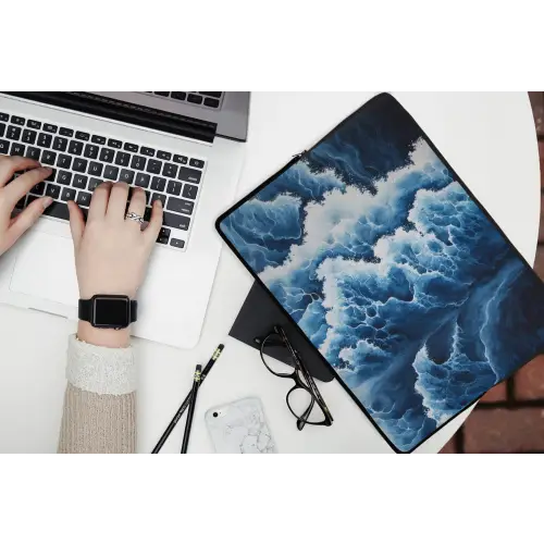 Golven - Blauw - Schuim laptophoes neopreen klein -bureau
