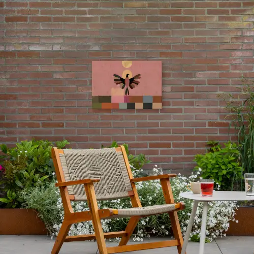 Illustratie - Vogel - Vlakken - Kleurrijk Tuinposter op houten frame 2 cm dik klein -sfeer3
