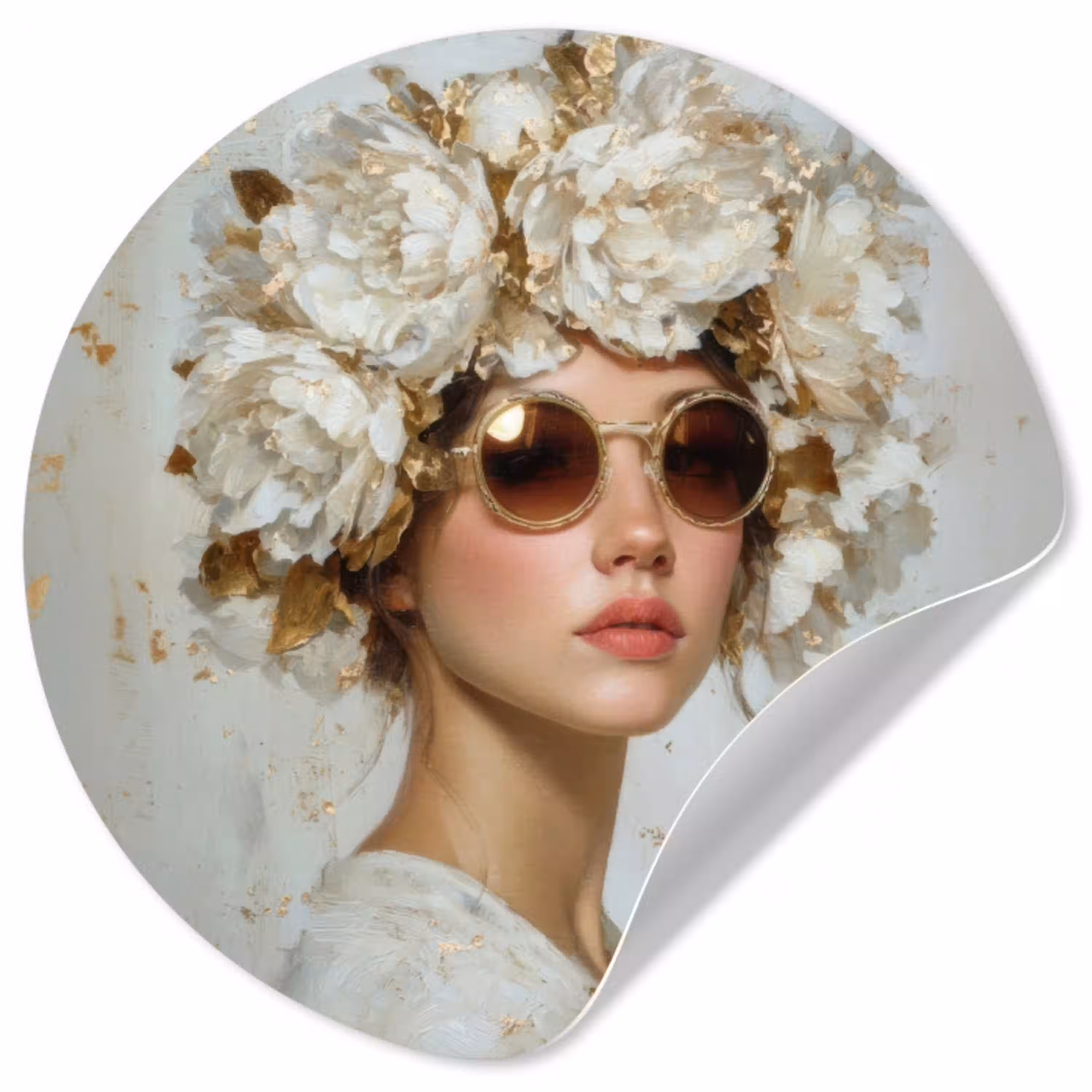 Schilderij - Vrouw - Zonnebril - Bloemenkrans Wandcirkel behangsticker klein -3d