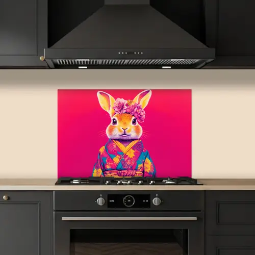 Konijn - Bloemen - Kleurrijk - Kimono keuken achterwand spatscherm klein -sfeer1