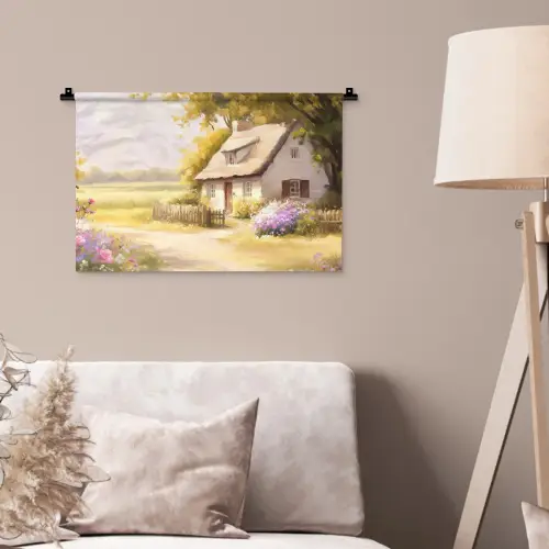 Huisje - Hout - Bloemen Wandkleed katoen klein -sfeer4