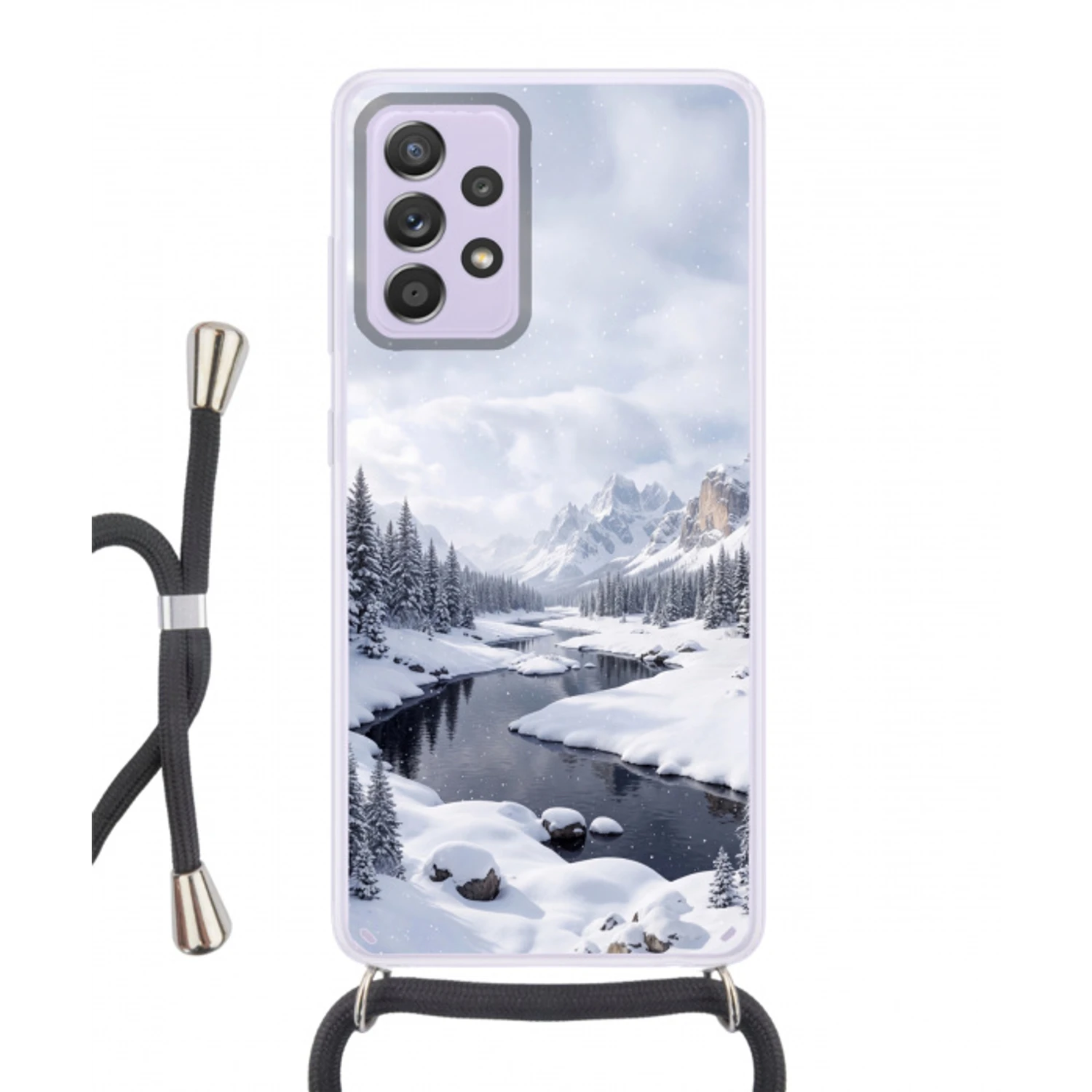 Sneeuwlandschap - Bergen - Rivier - Winter Hoesje Samsung Galaxy A52 5G met koord klein -3d