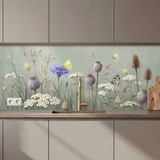 Keuken achterwand - Vlinders - Wildbloemen - Illustratie - Kleurrijk
