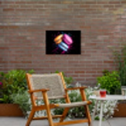Macarons - Dessert - Graffiti - Kleurrijk - Roze - Blauw - Geel Tuinposter op houten frame 2 cm dik klein -sfeer3