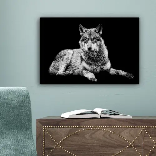 Wilde dieren - Wolf - Zwart - Wit canvas 2cm klein -sfeer4
