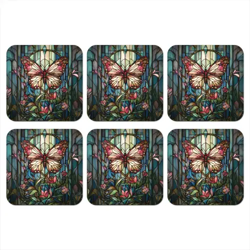 Vlinder - Roze - Bloemen - Bladeren onderzetter kurk middel -3d