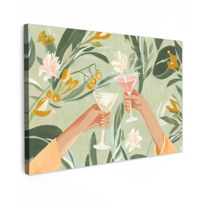 Glazen - Proosten - Bladeren - Groen Tuinposter op houten frame 2 cm dik klein -3d