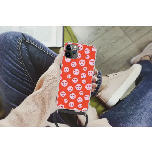 Smiley - Patroon - Hartjes - Rood - Roze Hoesje iPhone 12 Pro met koord klein -hand