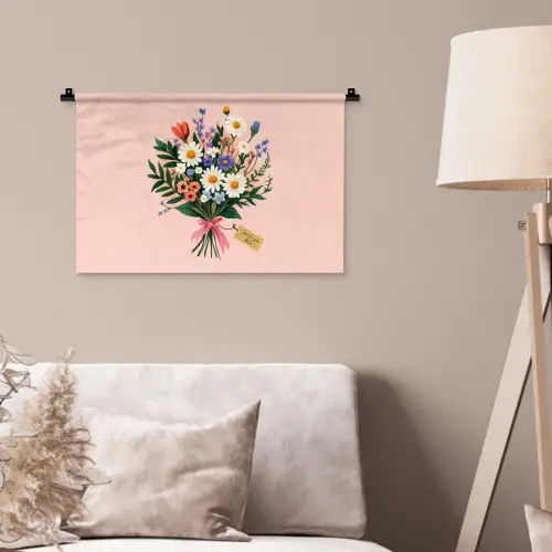 Margrieten - Boeket - Strikje - Roze Wandkleed katoen klein -sfeer4