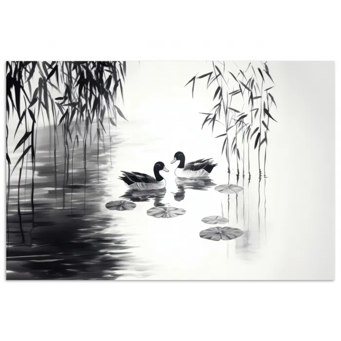 Eenden - Waterlelies - Riet - Zwart poster papier klein -3d