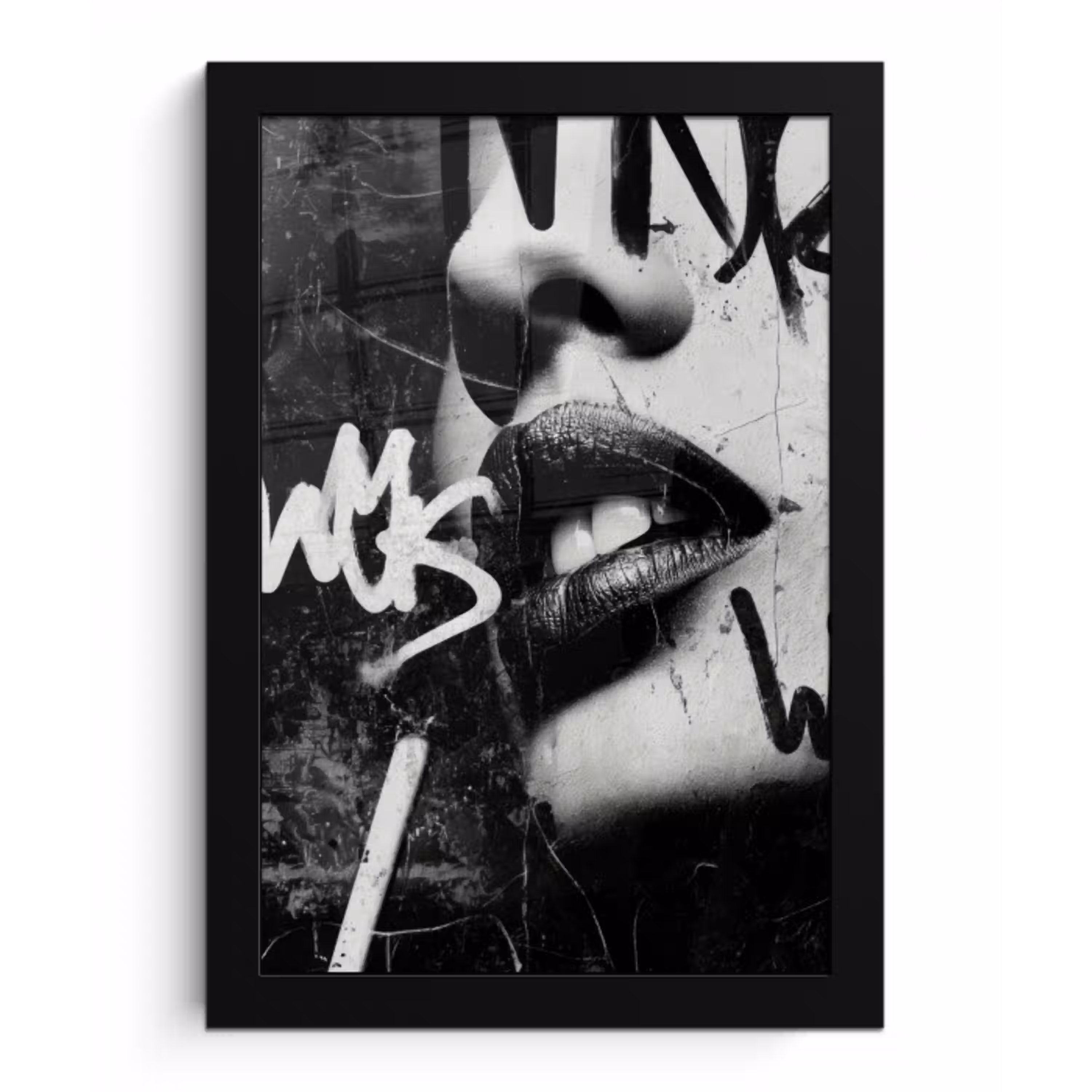 Gezicht - Mond - Graffiti - Zwart fotolijst zwart zonder passe partout klein -3d